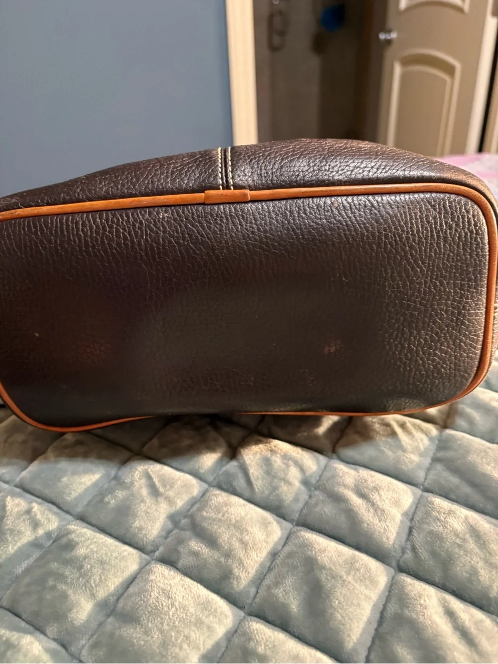 Dooney & Bourke Dark Brown Leather Cosmetic Pouch with Tan Trim